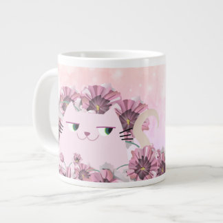 Cat Cute Pink Flowers Large Coffee Mug