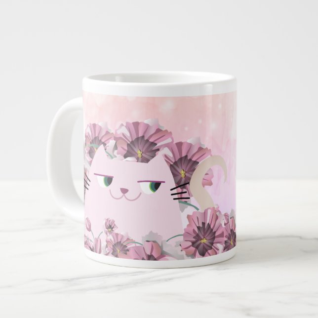 Cat Cute Pink Flowers Large Coffee Mug (Front Left)