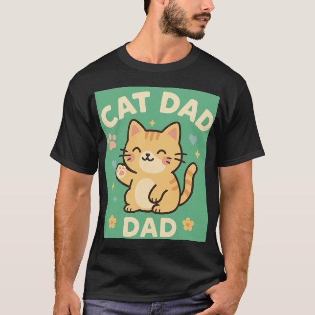 Cat Dad — Cute Orange Tabby Cartoon with Hearts &  T-Shirt (Front)
