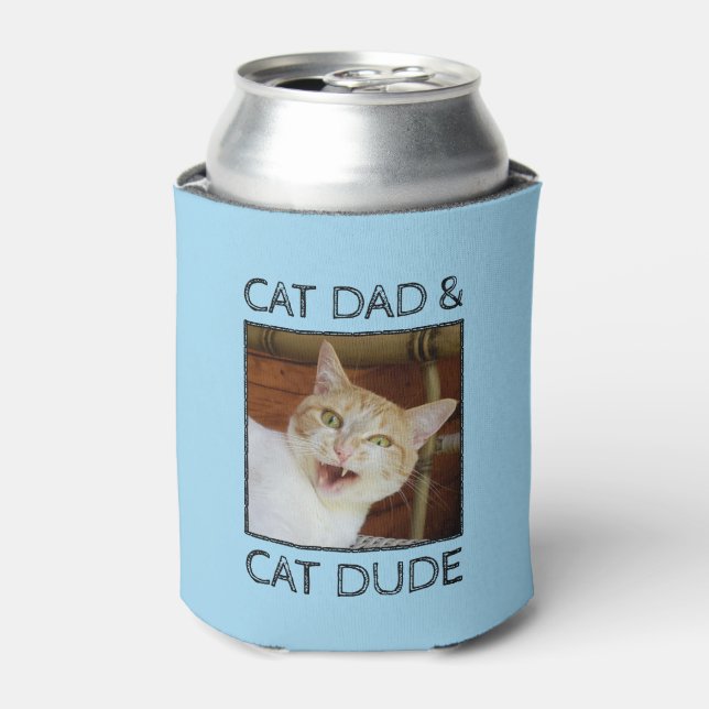 Cat Dad Dude Fathers Day Custom 2-Photo Text Blue Can Cooler (Can Front)