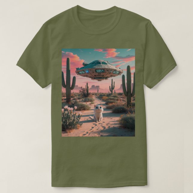 Cat Desert UFO Fatigue Green T-Shirt (Design Front)