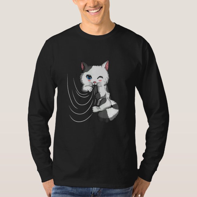 Cat Design Cat Cuddles With Duvet Plays With Curta T-Shirt (Front)