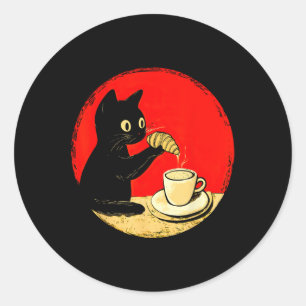 Cat Dipping Croissant In Coffee Cute Black Cat Foo Classic Round Sticker