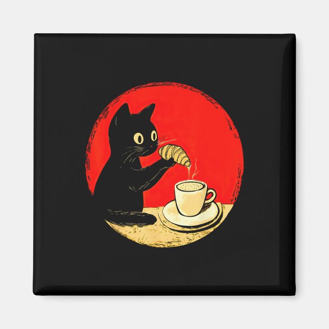 Cat Dipping Croissant In Coffee Cute Black Cat Foo Magnet (Front)