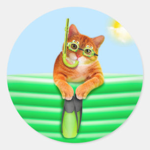Cat diver with mask and snorkel classic round sticker
