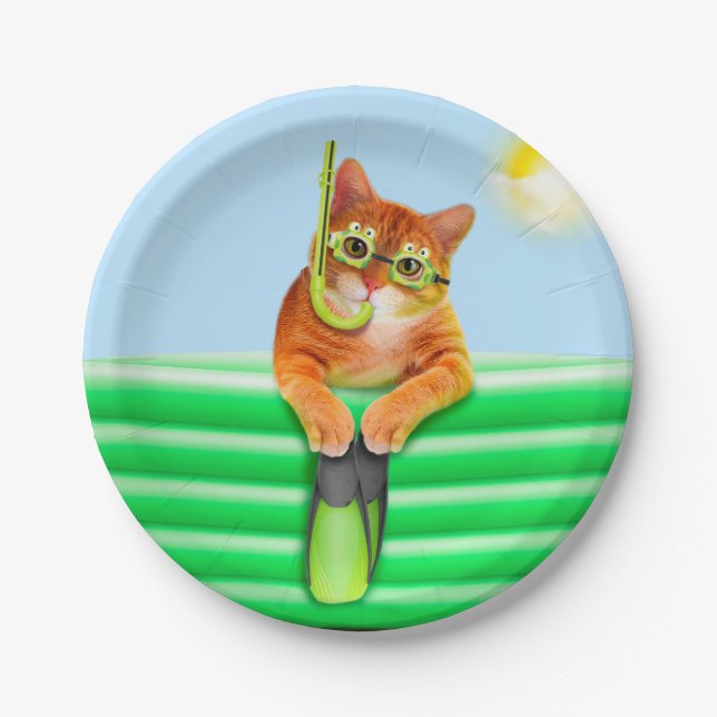 Cat diver with mask and snorkel paper plate (Front)