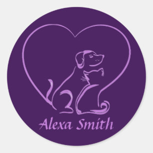 Cat, Dog and Love Line Art with Custom Name Classic Round Sticker