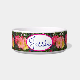 Cat Dog Red Yellow Floral Rose Roses Pet Name Bowl