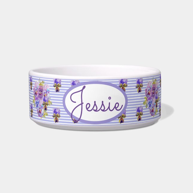 Cat Dog Shabby Floral Pastel Purple Cute Pet Name Bowl (Front)