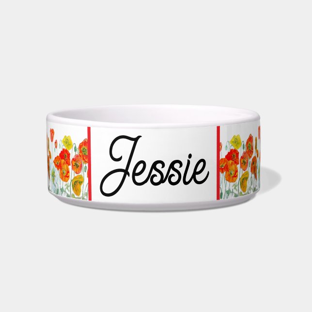 Cat Dog Shabby Floral Poppy Poppies Pet Name Bowl (Front)