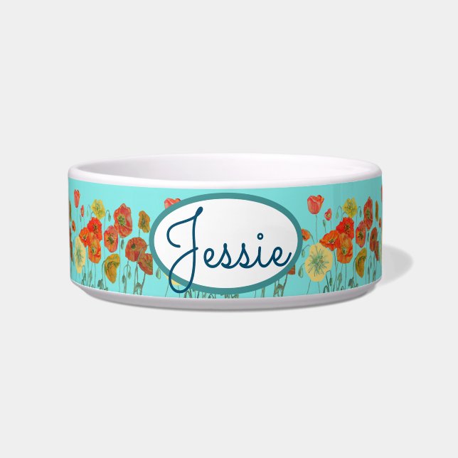 Cat Dog Shabby Floral Poppy Poppies Pet Name Bowl (Front)