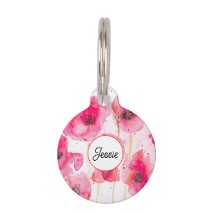 Cat Dog Shabby Floral Poppy Poppies Pet Name Bowl Pet Tag