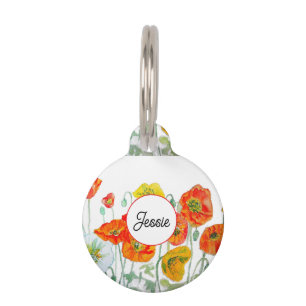 Cat Dog Shabby Floral Poppy Poppies Pet Name Bowl Pet Tag