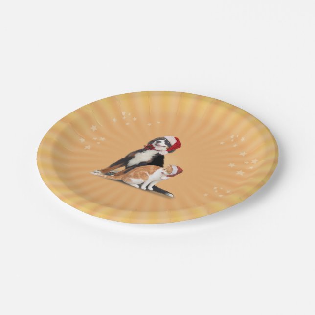 Cat & Dog with Santa Hats Paper Plate (Angled)