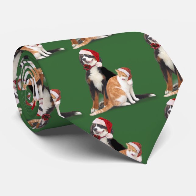 Cat & Dog with Santa Hats Tie (Rolled)
