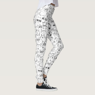 Cat Doodles, Funny Black and White Kitties Pattern Leggings