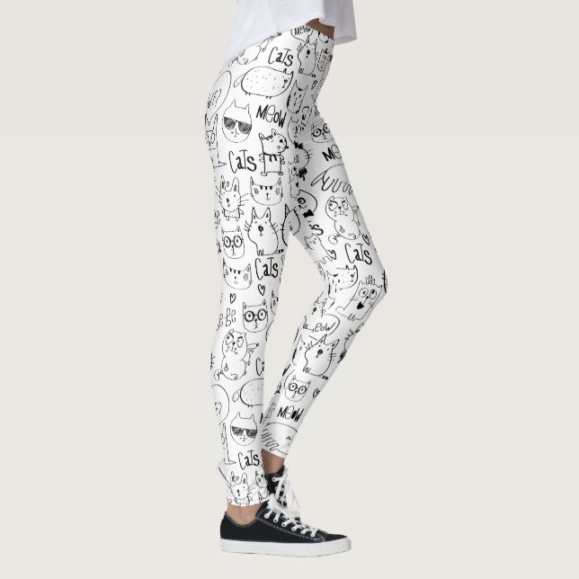 Cat Doodles, Funny Black and White Kitties Pattern Leggings (Right)