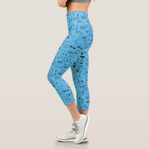 Cat Doodles, Funny Kitty Pattern on Blue Capri Leggings
