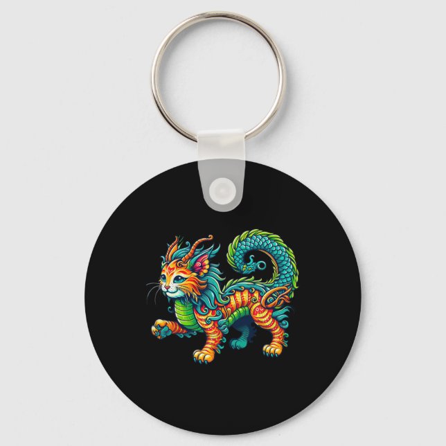 Cat Dragon Happy Chinese New Year 2024 Womens Mens Key Ring (Front)