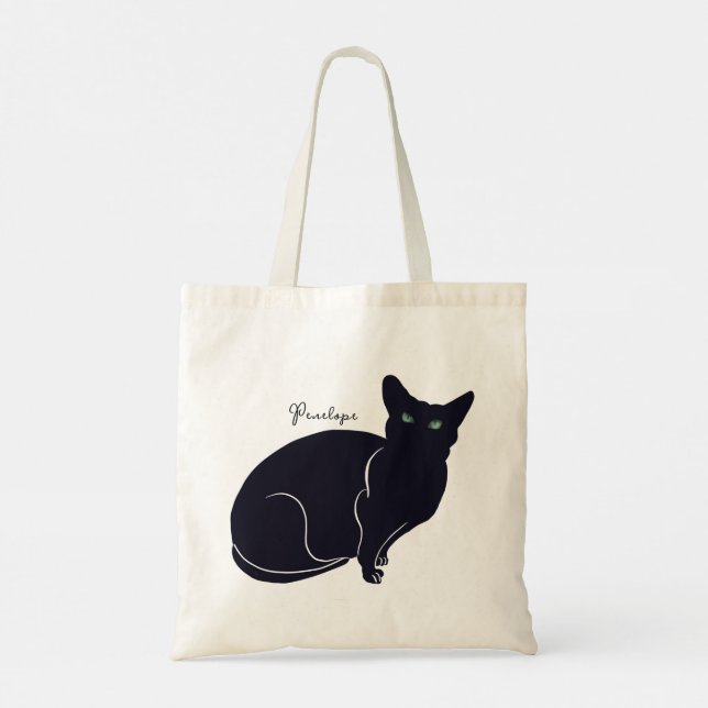 Cat drawing, black cat with green eyes tote bag (Back)