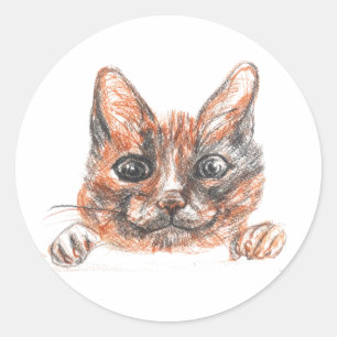 Cat Drawing Classic Round Sticker, Glossy Classic Round Sticker