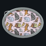 Cat Drawing Cute Vintage Pattern Belt Buckles<br><div class="desc">This cute cat pattern belt buckle shows eight different cats and kittens in various poses, all coloured in shades of orange, grey, blue, brown and cream. Two cats sit in front of a bowl. One lounges. One sits and stares. One licks its paw. And the other three are playing. All...</div>