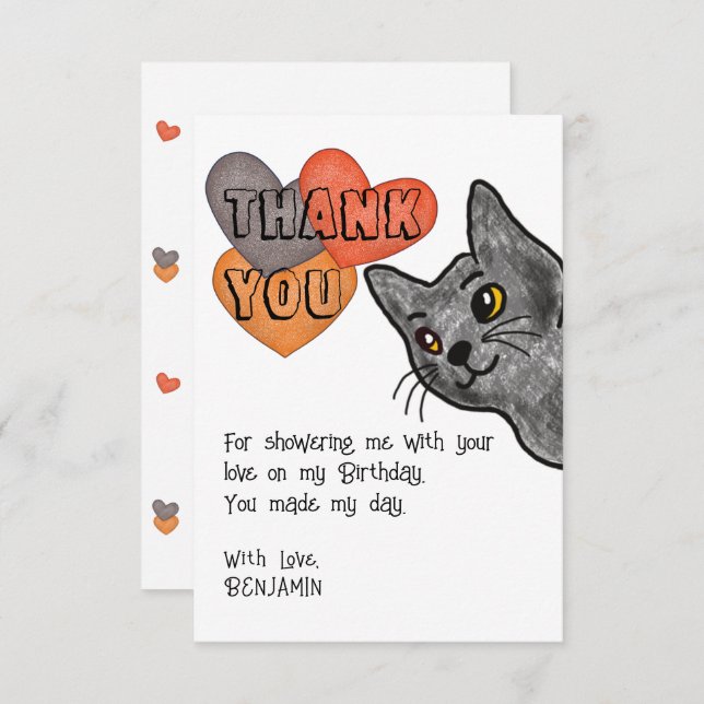 Cat Drawing Kids Birthday Party Thank You Card (Front/Back)