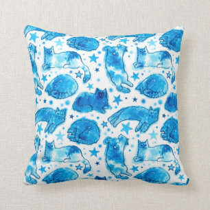 Cat Dream Stars Watercolor Cats Pattern Blue White Cushion