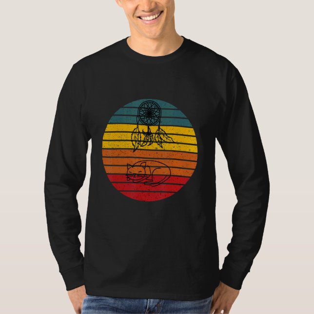 Cat Dreamcatcher Retro Sunset Design T-Shirt (Front)