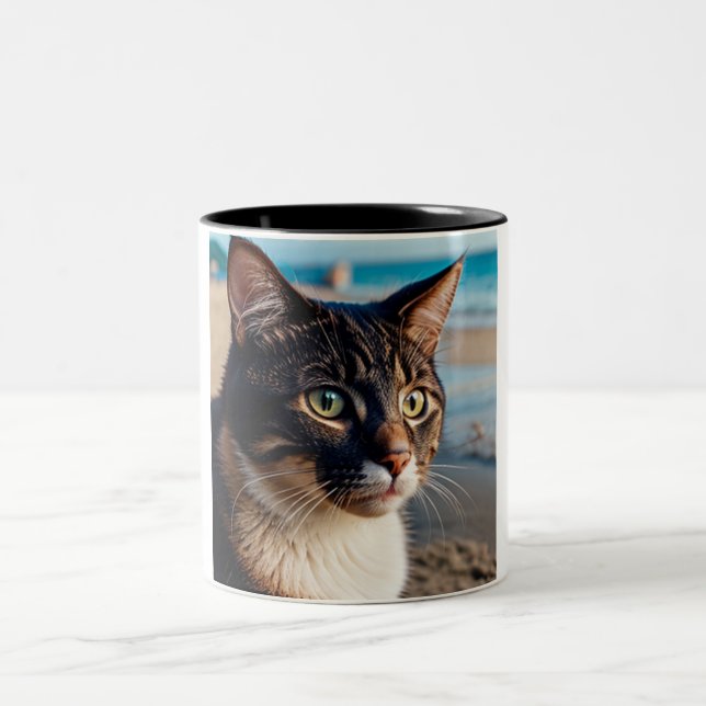 Cat Dreaming of the Beach: Two-Tone Cat Coffee Mug (Center)