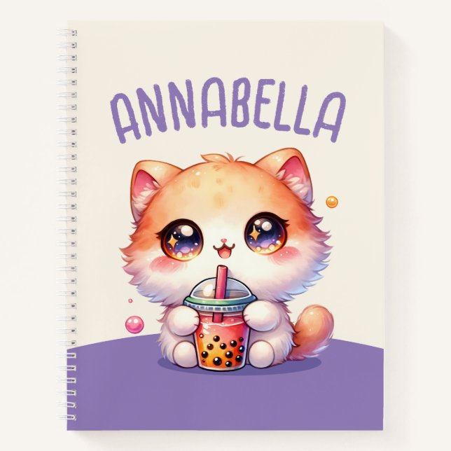Cat Drinking Boba Cute Bubble Tea Notebook (Front)