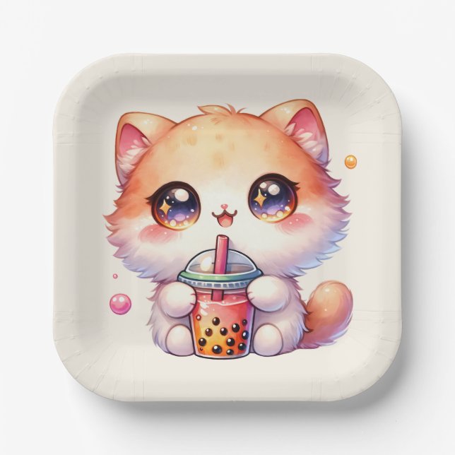 Cat Drinking Boba Cute Bubble Tea Paper Plate (Front)