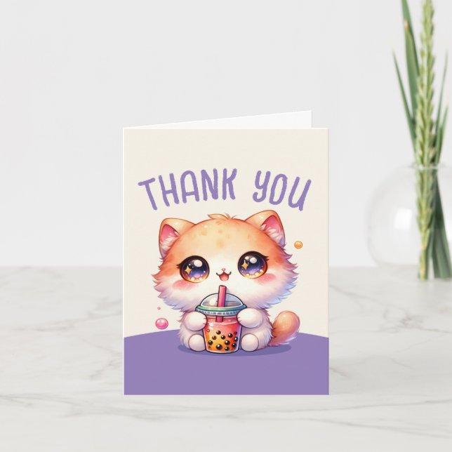 Cat Drinking Boba Cute Bubble Tea Thank You Card (Front)