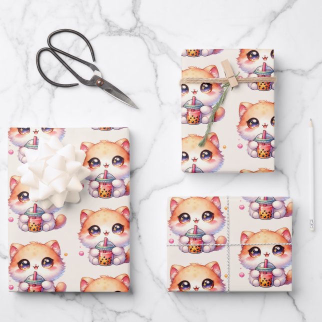 Cat Drinking Boba Cute Bubble Tea Wrapping Paper Sheet (Front)