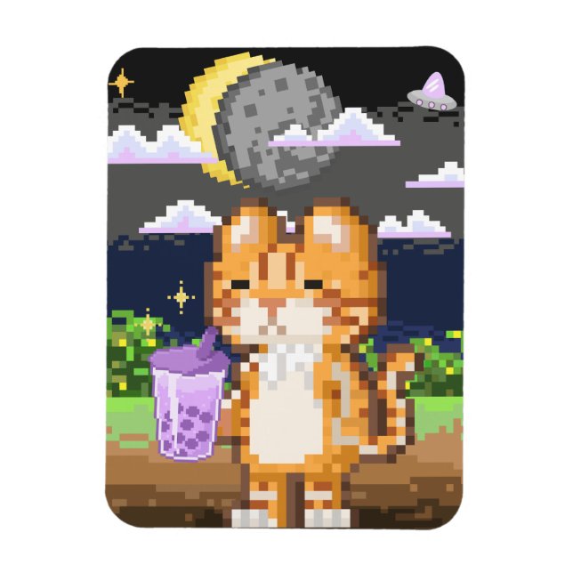 Cat Drinking Boba Tea UFO Eclipse Magnet (Vertical)