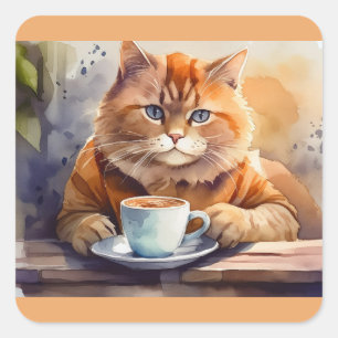 Cat Drinking Coffee Square Stickers