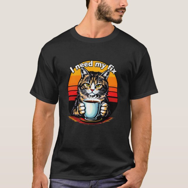 Cat Drinking From A Coffee Mug, Funny Humour Caffe T-Shirt (Front)
