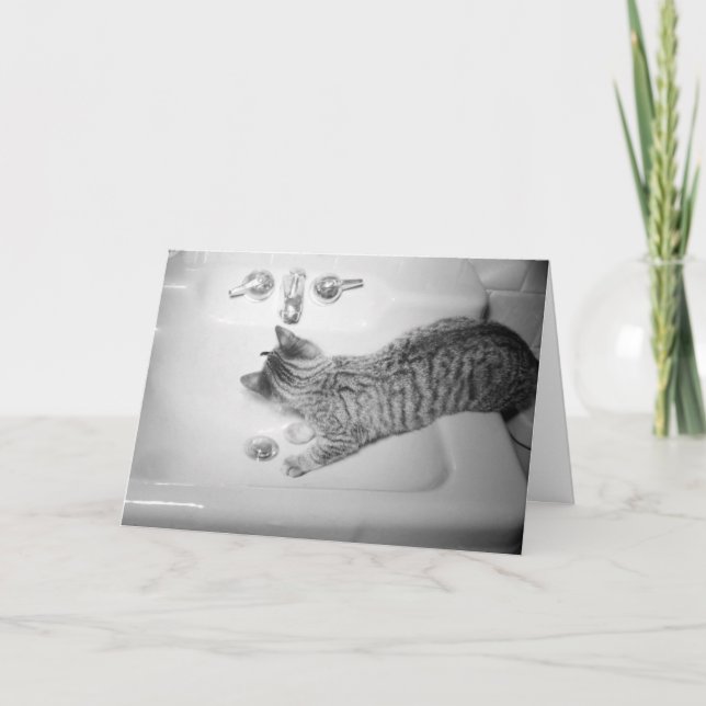 Cat Drinking from a Sink Faucet Retro Holiday Card (Front)