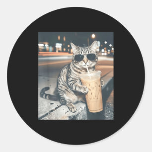 Cat drinking iced coffee funny animal meme men classic round sticker
