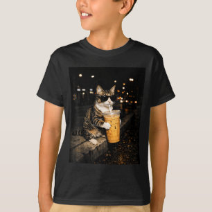 Cat drinking iced coffee funny animal meme retro T-Shirt