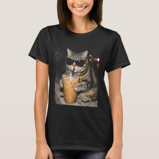 Cat Drinking Iced Coffee Funny Cat Meme T-Shirt