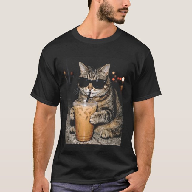 Cat Drinking Iced Coffee Funny Cat Meme T-Shirt (Front)