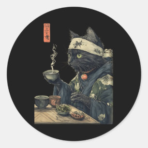 Cat Drinking Tea Japanese Tea Ceremony Art Print P Classic Round Sticker