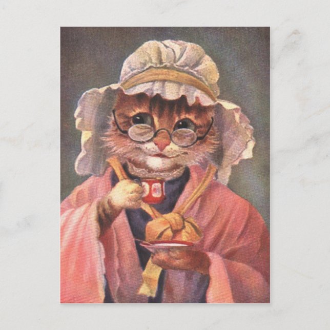 Cat Drinking Tea Vintage early 1900's Postcard (Front)