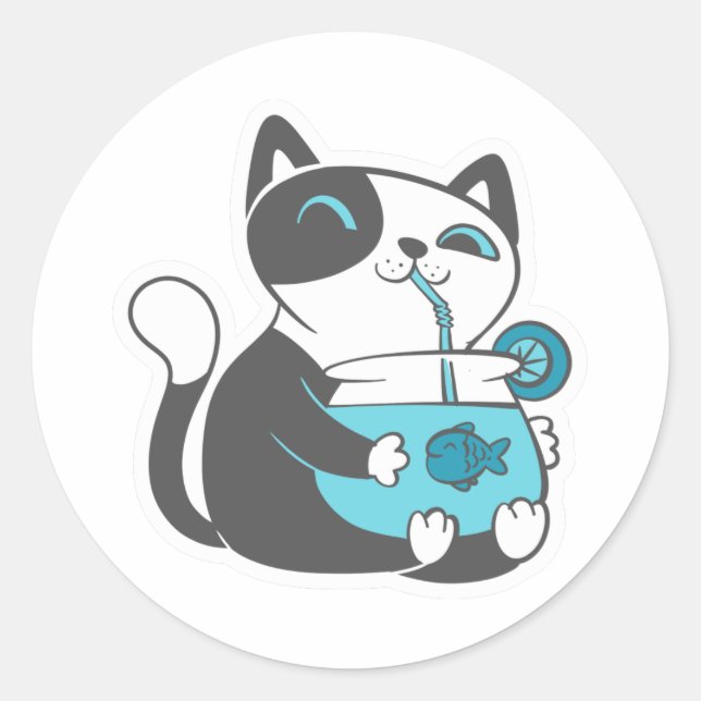 Cat drinks from straw - Choose background colour Classic Round Sticker (Front)
