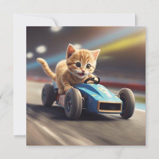 Cat driving a race car invitation (Front)