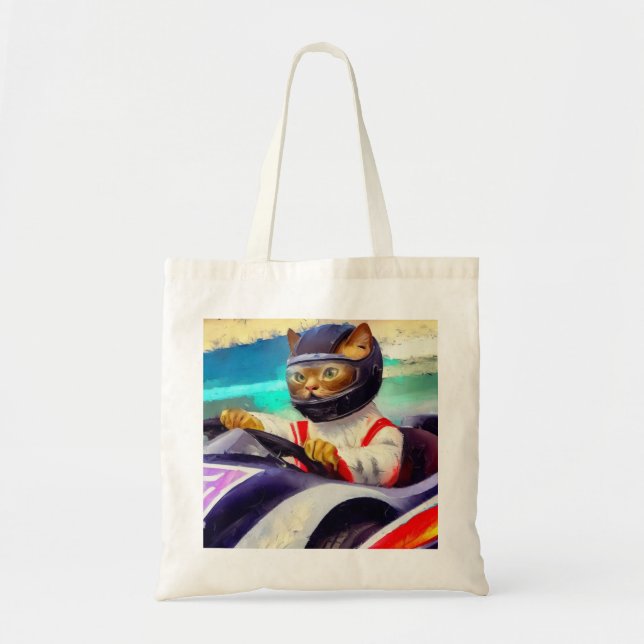 Cat Driving a Racecar Tote Bag (Front)