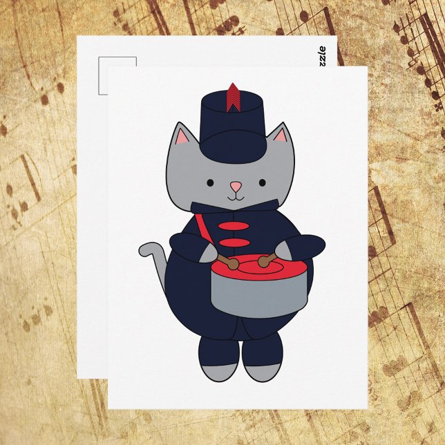 Cat Drummer Marching Band Navy Blue and Red Postcard (A postcard with a cat playing the drums in a navy blue & red marching band uniform.)
