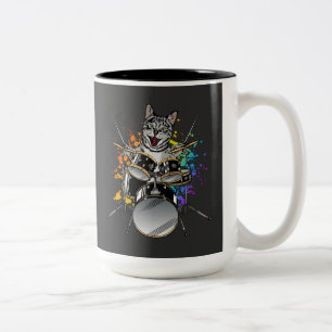 Cat Drummer Playing Drum Two-Tone Coffee Mug