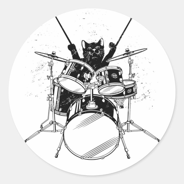 Cat Drummer Playing Drums Classic Round Sticker (Front)